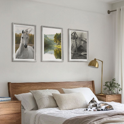 Set of 3 framed wall art pieces White horses river nature