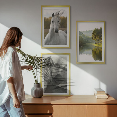 Set of 3 framed wall art pieces White horses river nature