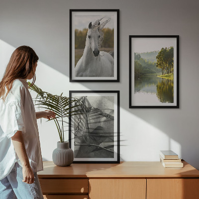 Set of 3 framed wall art pieces White horses river nature