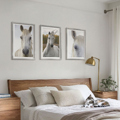 Set of 3 framed wall art pieces White horses in nature