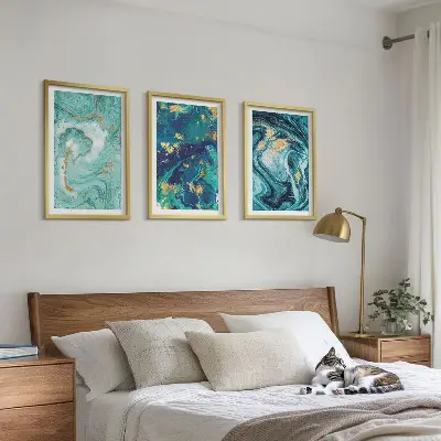 Three-piece turquoise paint abstraction wall art three-piece wall art set