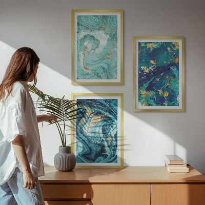 Three-piece wall art piece Turquoise paint abstraction