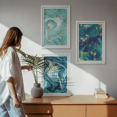 Three-piece turquoise paint abstraction wall art three-piece wall art set