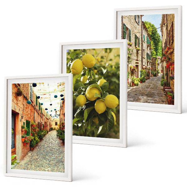 Set of 3 framed wall art pieces Streets with lemon flowers in the background