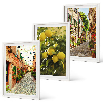 Set of 3 framed wall art pieces Streets with lemon flowers in the background