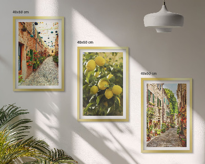 Set of 3 framed wall art pieces Streets with lemon flowers in the background
