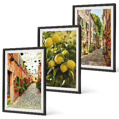 Set of 3 framed wall art pieces Streets with lemon flowers in the background