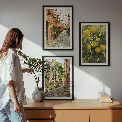 Streets with lemon flowers wall art set of 3 framed pieces