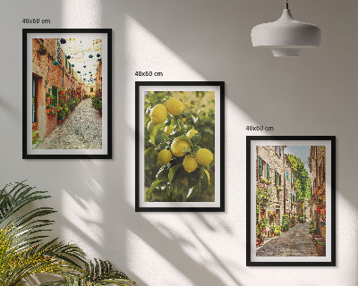 Set of 3 framed wall art pieces Streets with lemon flowers in the background