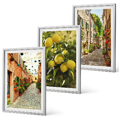 Set of 3 framed wall art pieces Streets with lemon flowers in the background