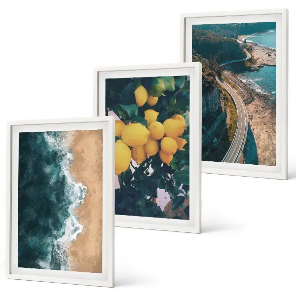 Three-piece wall art set featuring a seaside landscape with lemons and mountains