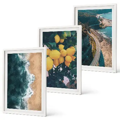 Three-piece wall art set featuring a seaside landscape with lemons and mountains