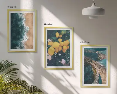Three-piece wall art set featuring a seaside landscape with lemons and mountains
