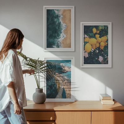Three-piece wall art piece Sea beach lemons mountains