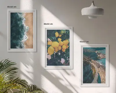 Three-piece wall art set featuring a seaside landscape with lemons and mountains