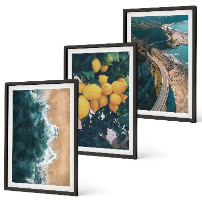 Three-piece wall art piece Sea beach lemons mountains