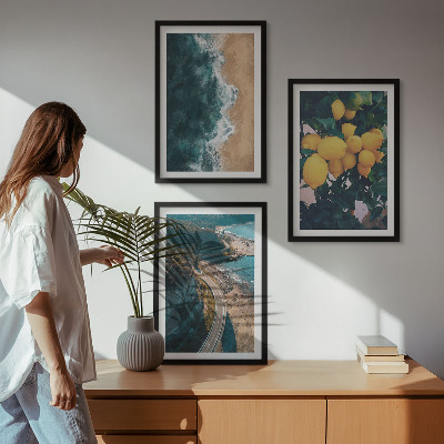 Three-piece wall art piece Sea beach lemons mountains