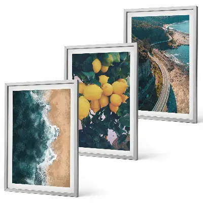 Three-piece wall art set featuring a seaside landscape with lemons and mountains