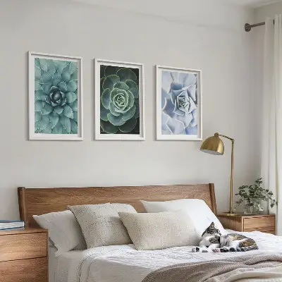 Set of 3 framed wall art pieces featuring succulent plants in green and turquoise