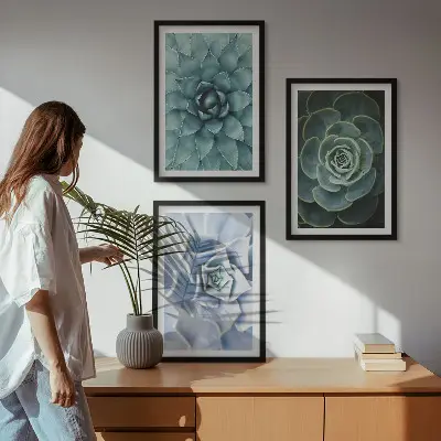 Set of 3 framed wall art pieces featuring succulent plants in green and turquoise