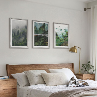 Three-piece wall art piece Forest fog river bank greenhouse