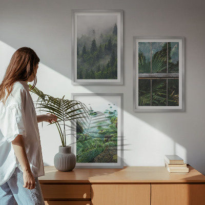 Three-piece wall art piece Forest fog river bank greenhouse