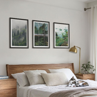 Three-piece wall art piece Forest fog river bank greenhouse