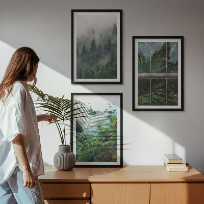 Three-piece wall art piece Forest fog river bank greenhouse
