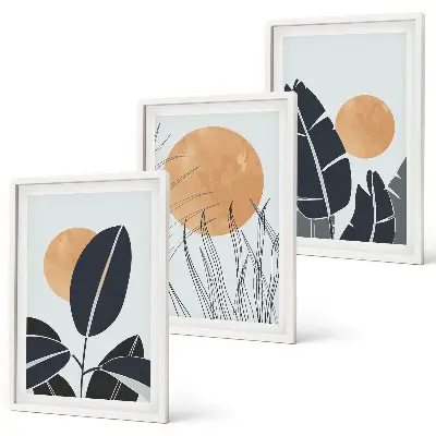 Set of 3 framed wall art pieces minimalist plant pattern and sun print design