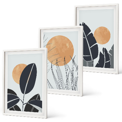 Set of 3 framed wall art pieces Plant patterns large suns minimalist