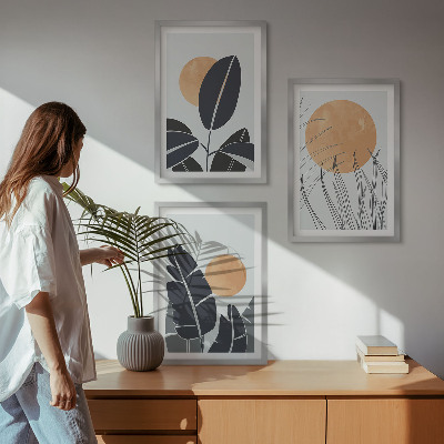 Set of 3 framed wall art pieces Plant patterns large suns minimalist