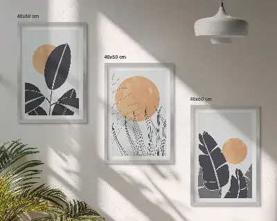 Set of 3 framed wall art pieces minimalist plant pattern and sun print design