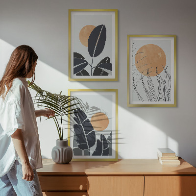 Set of 3 framed wall art pieces Plant patterns large suns minimalist