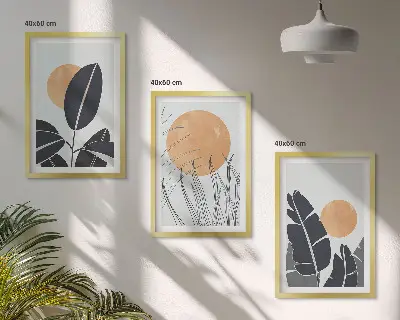 Set of 3 framed wall art pieces minimalist plant pattern and sun print design
