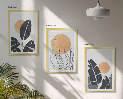 Set of 3 framed wall art pieces Plant patterns large suns minimalist