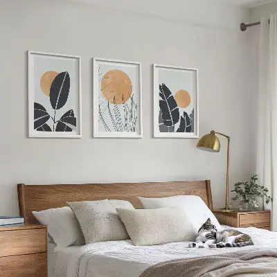 Set of 3 framed wall art pieces minimalist plant pattern and sun print design