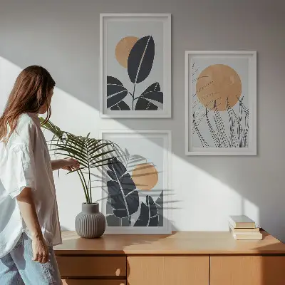 Set of 3 framed wall art pieces minimalist plant pattern and sun print design