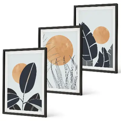 Set of 3 framed wall art pieces minimalist plant pattern and sun print design