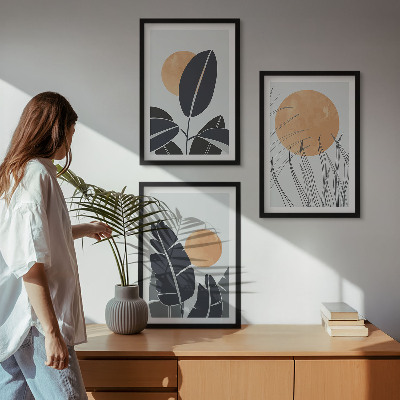 Set of 3 framed wall art pieces Plant patterns large suns minimalist