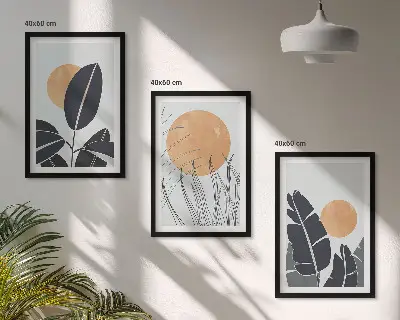 Set of 3 framed wall art pieces minimalist plant pattern and sun print design