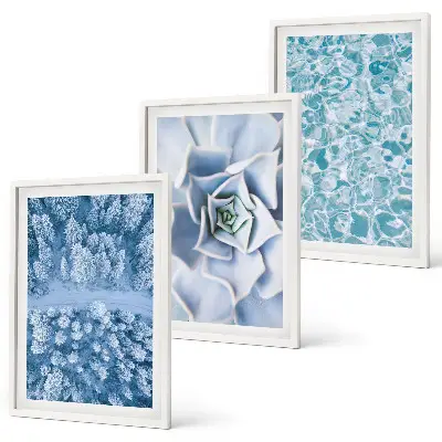 Wall art set winter forest with blue flowers and water