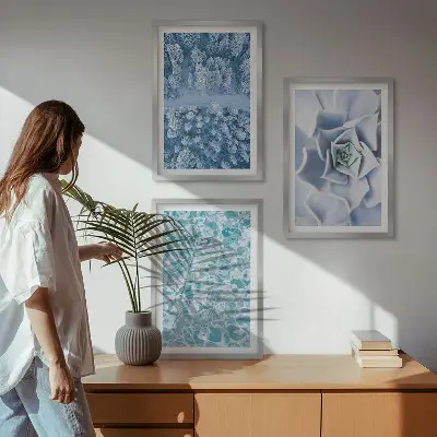 Wall art set winter forest with blue flowers and water