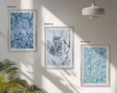 Wall art set winter forest with blue flowers and water