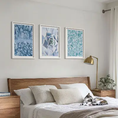 Wall art set winter forest with blue flowers and water