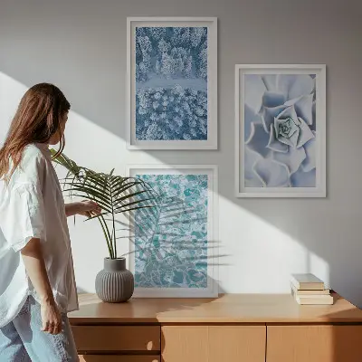Wall art set winter forest with blue flowers and water