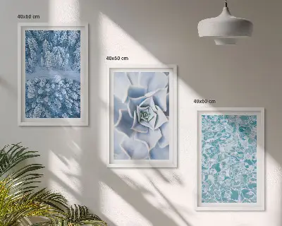 Wall art set winter forest with blue flowers and water