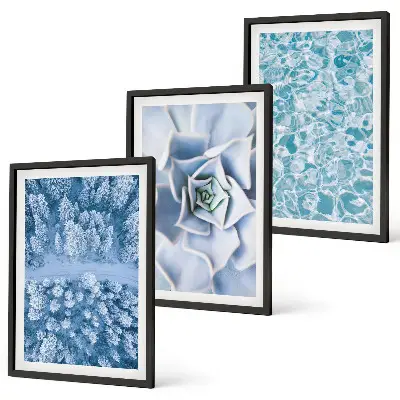 Wall art set winter forest with blue flowers and water