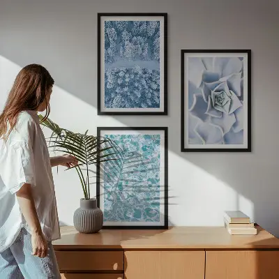 Wall art set winter forest with blue flowers and water