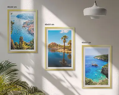 Three-piece wall art set seaside palm trees and blue water