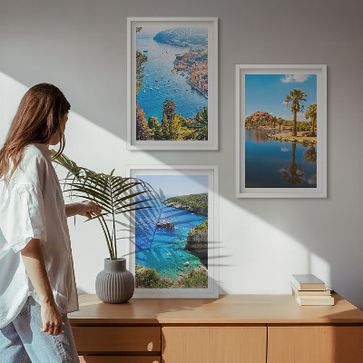 Three-piece wall art piece Seaside palm trees blue water